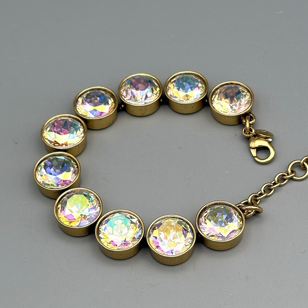 J.CREW Iridescent AB Crystal Brulee Gold Tone Bracelet Bezel Set Glam RARE